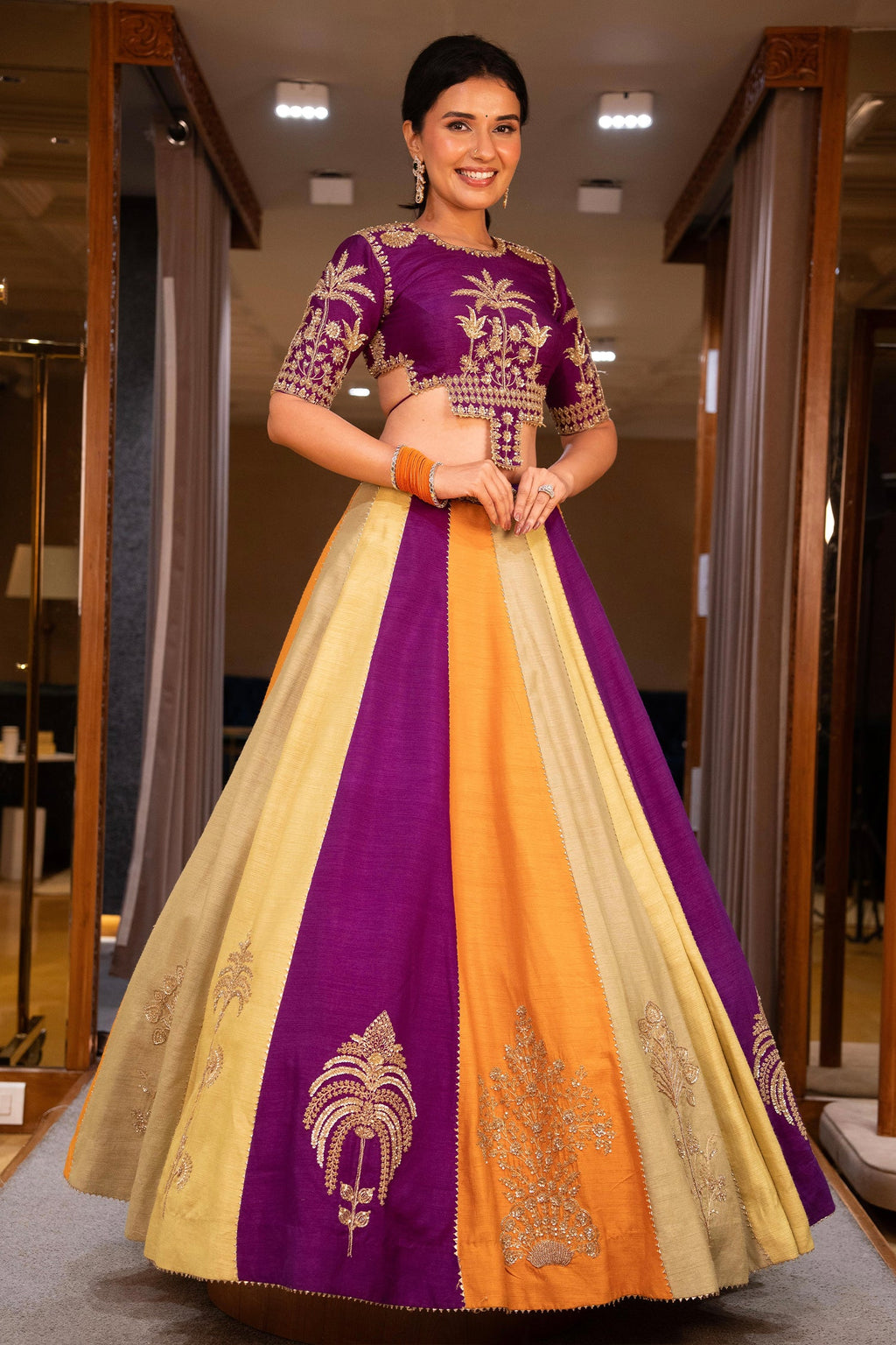 Multi Colored Matka Silk Lehenga with Zari Embroidered and Sequin Work