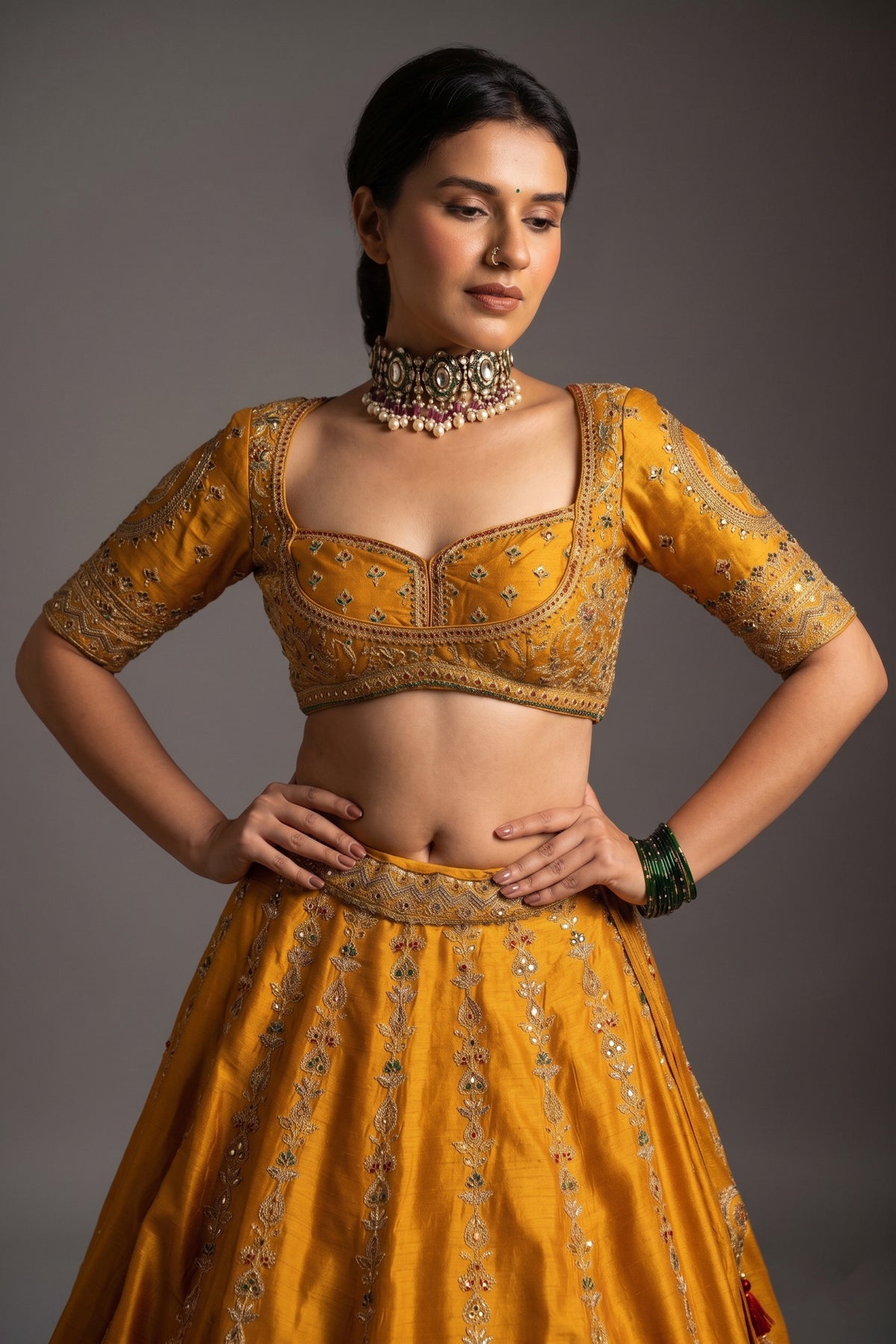 Yellow Silk Sequinned and Embroidered Lehenga