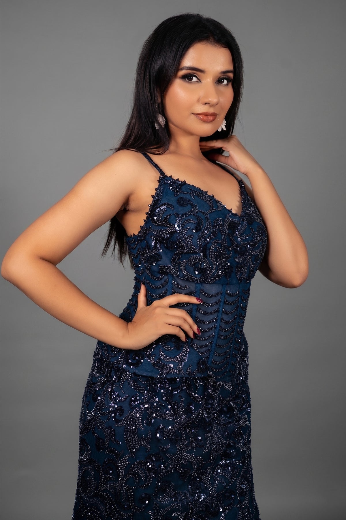 Blue Net Sequinned and Cutdana Worked Fish Cut Lehenga with Corset