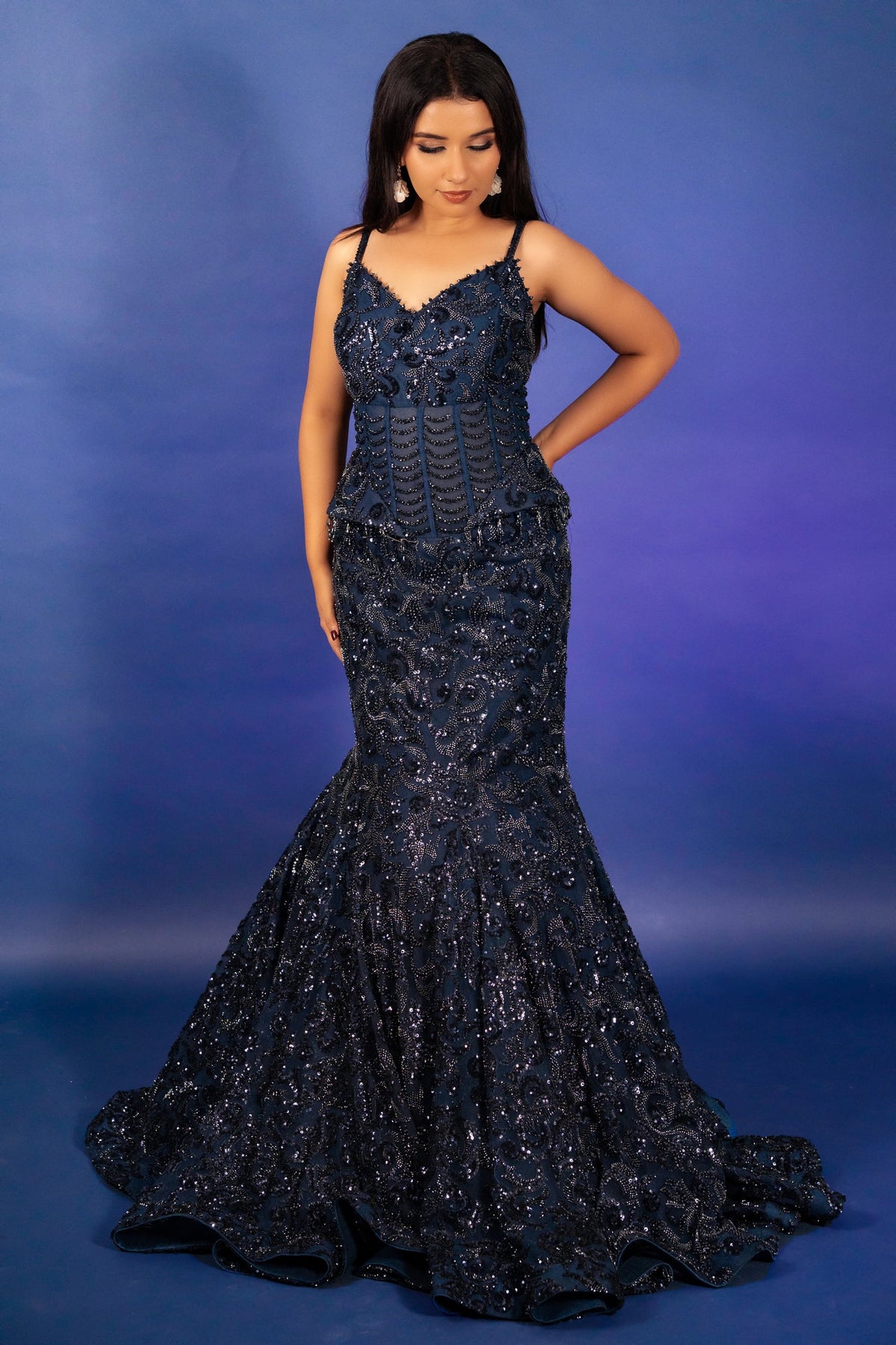 Blue Net Sequinned and Cutdana Worked Fish Cut Lehenga with Corset