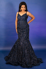 Blue Net Sequinned and Cutdana Worked Fish Cut Lehenga with Corset