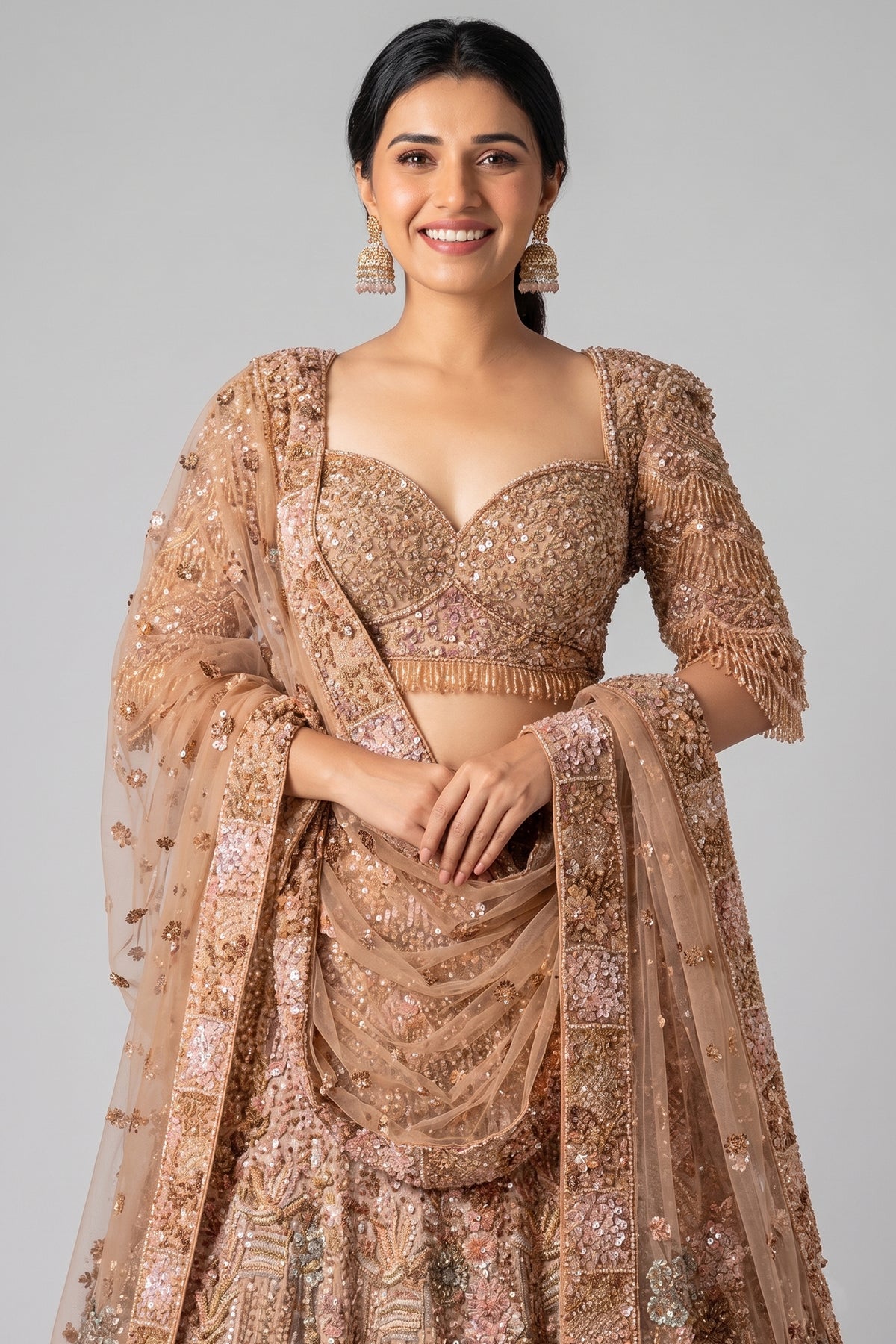 Pink Net Designer Sequin Cutdana and Beaded Lehenga