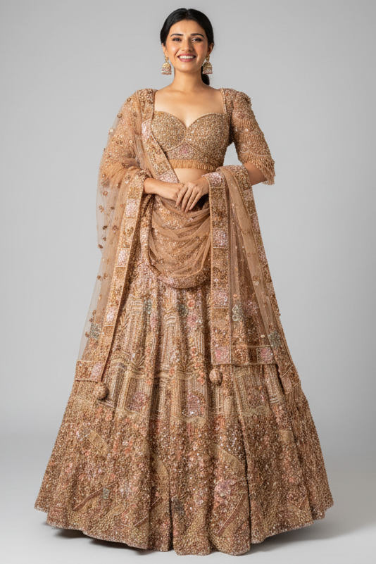 Pink Net Designer Sequin Cutdana and Beaded Lehenga