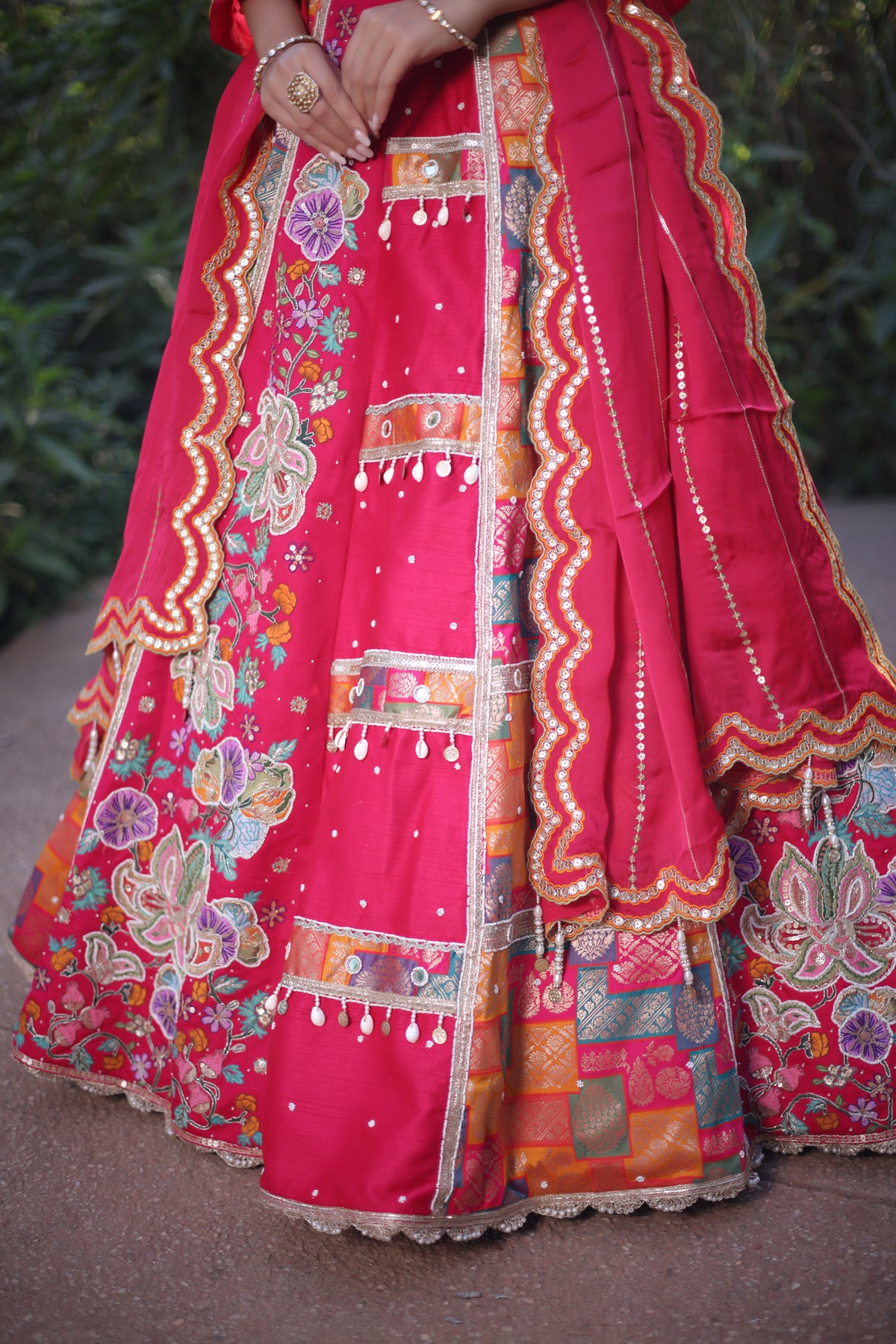 Pink Raw Silk Woven Lehenga with Mirror and Bead Work