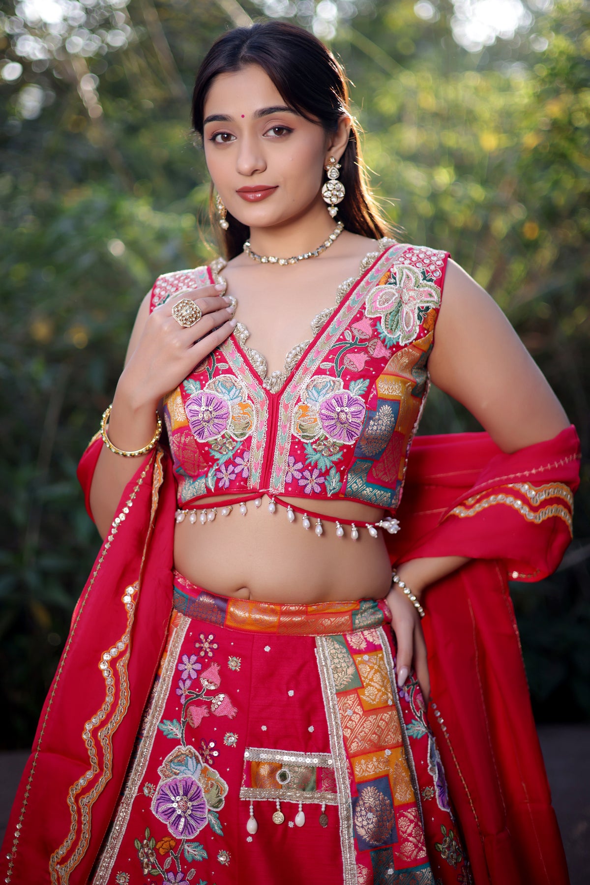 Pink Raw Silk Woven Lehenga with Mirror and Bead Work
