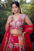 Pink Raw Silk Woven Lehenga with Mirror and Bead Work