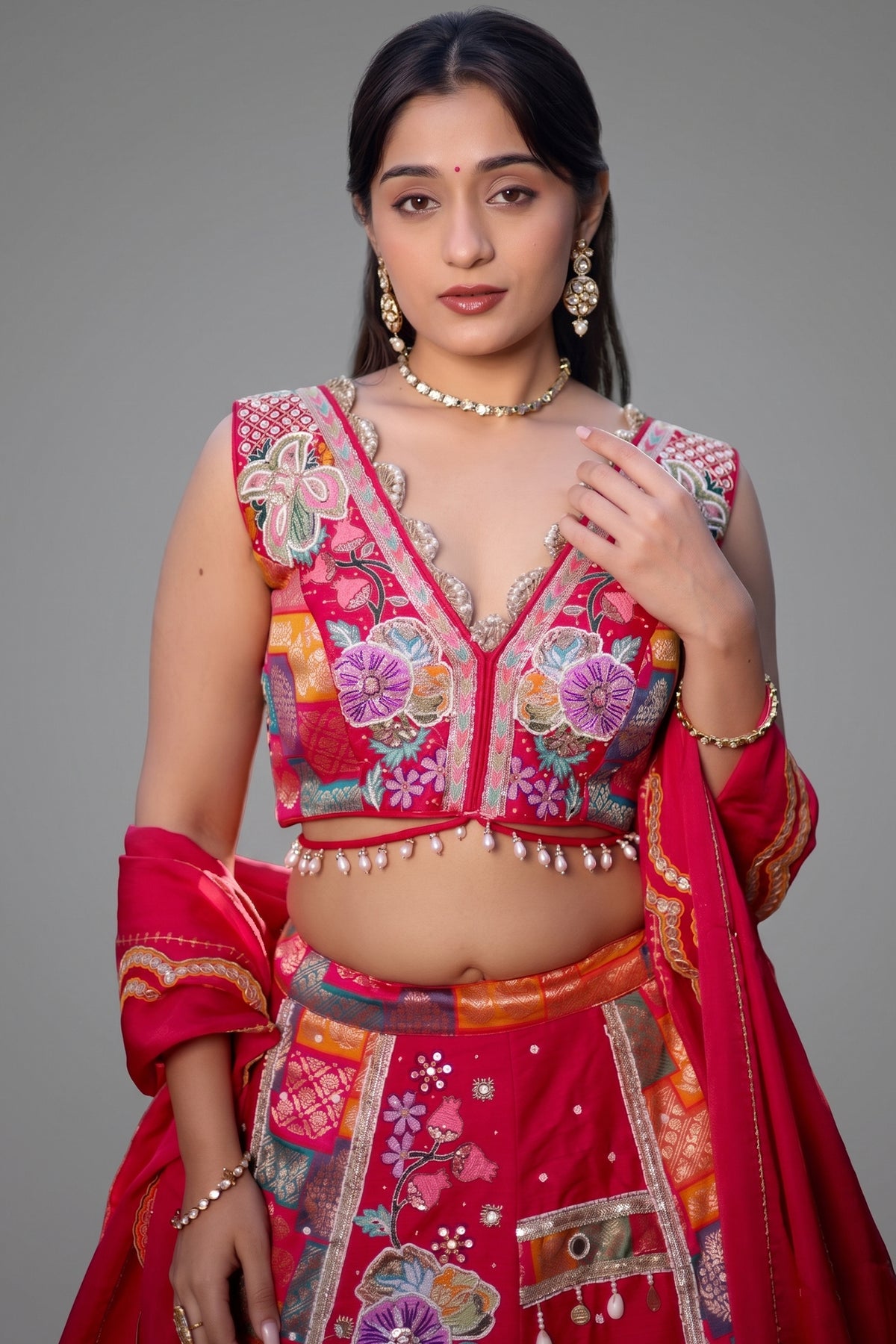 Pink Raw Silk Woven Lehenga with Mirror and Bead Work