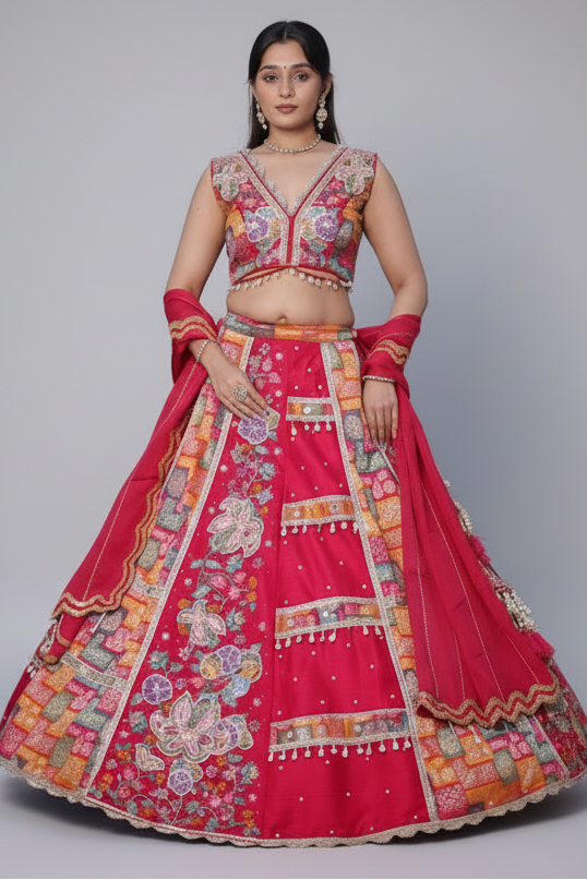 Pink Raw Silk Woven Lehenga with Mirror and Bead Work