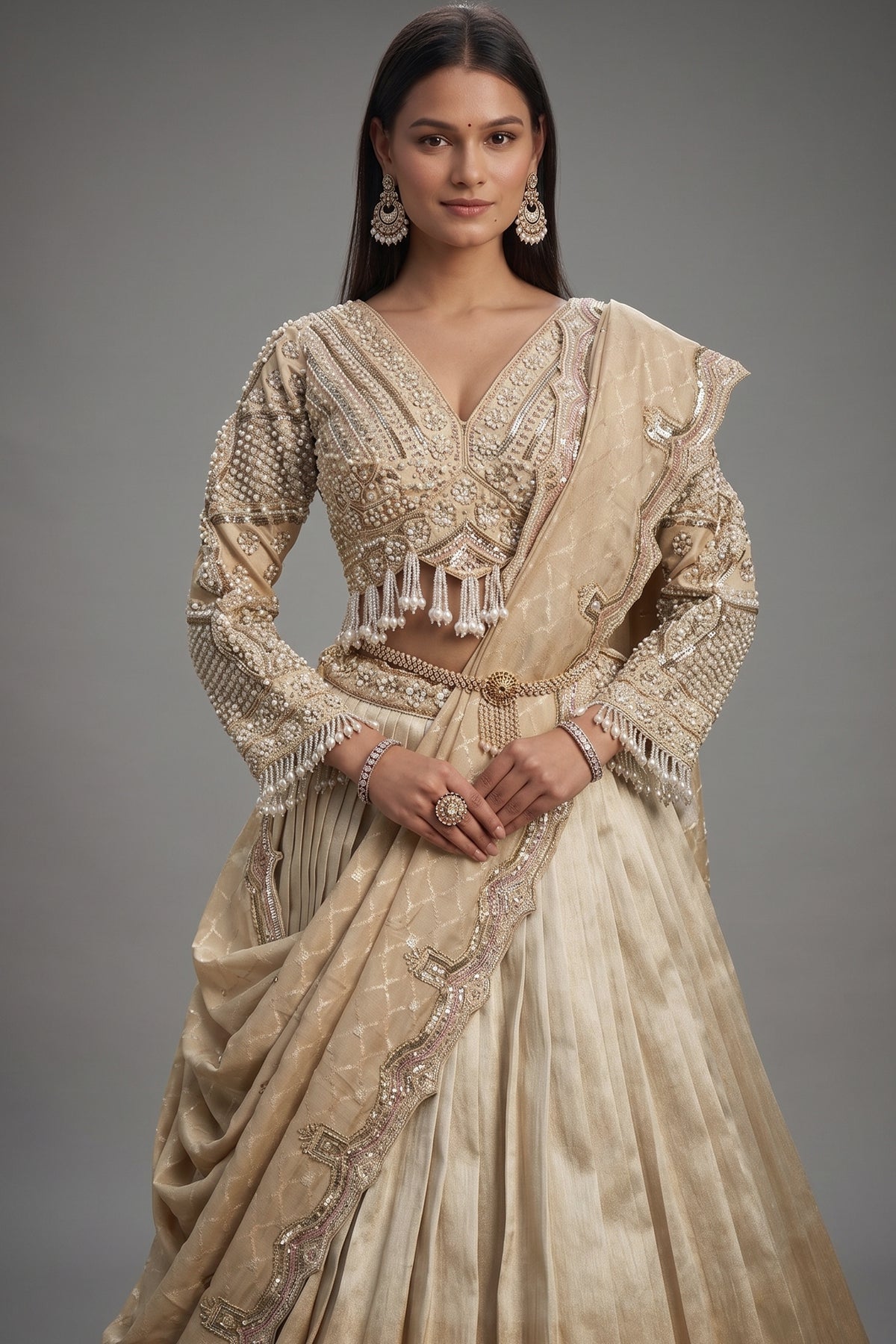 Golden Tissue Pleated Lehenga with Sequin and Bead Work Blouse