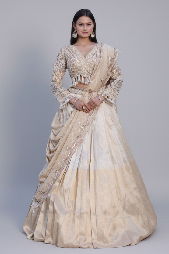 Golden Tissue Pleated Lehenga with Sequin and Bead Work Blouse
