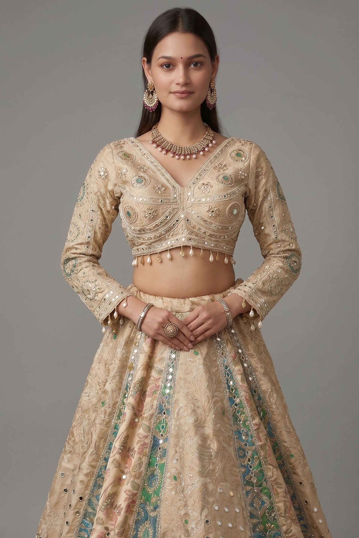 Cream and Green Tissue Mirror and Bead Work Lehenga