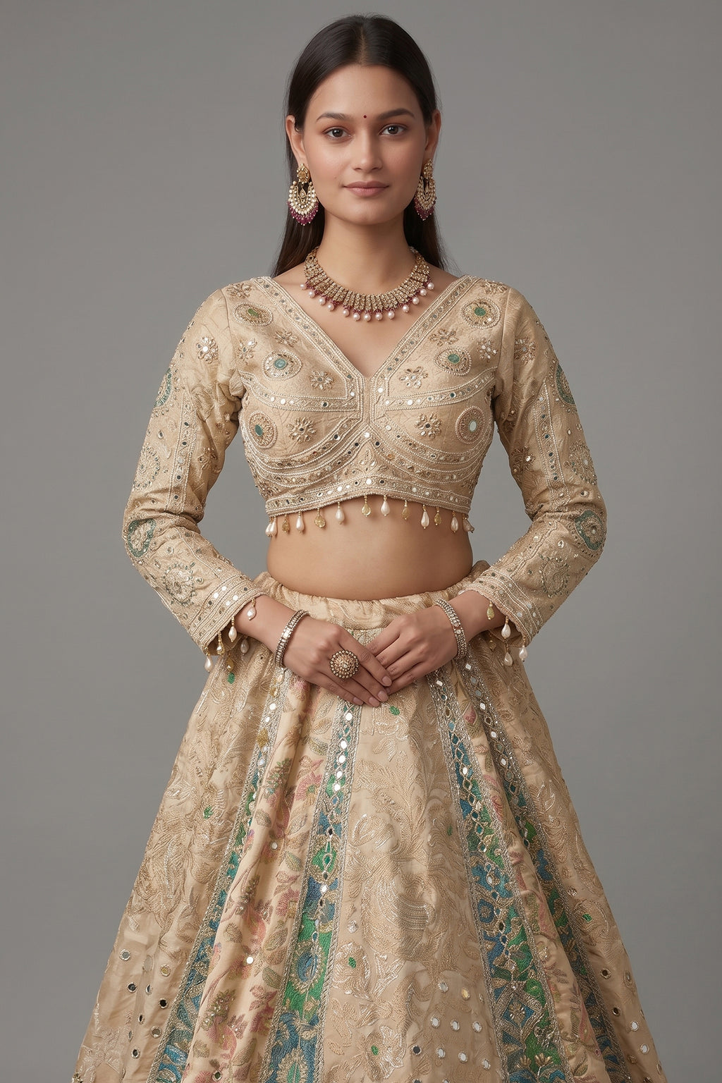 Cream and Green Tissue Mirror and Bead Work Lehenga