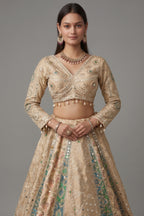 Cream and Green Tissue Mirror and Bead Work Lehenga