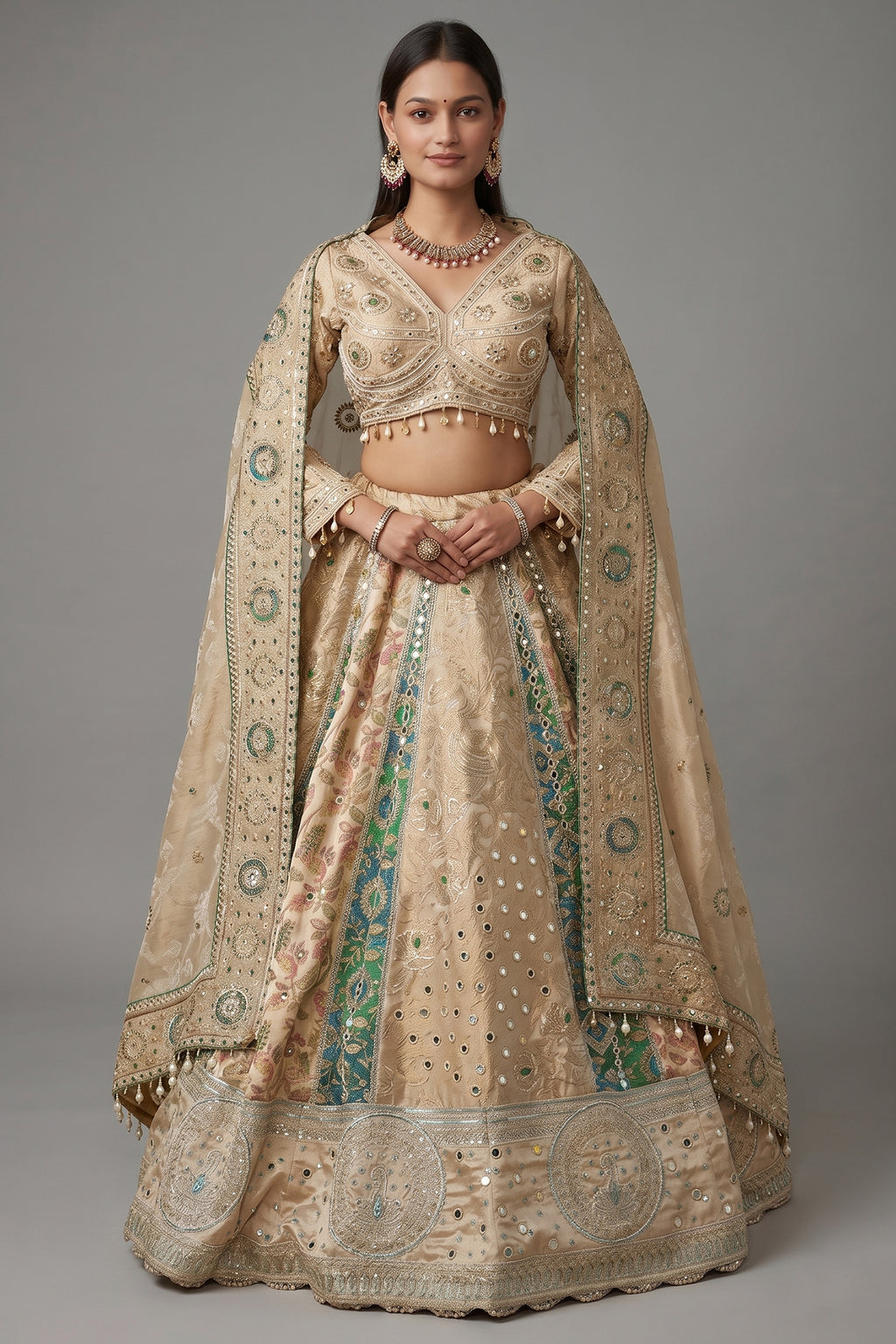 Cream and Green Tissue Mirror and Bead Work Lehenga
