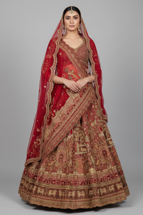 Red Matka Silk Designer Bridal Lehenga with Double Dupatta