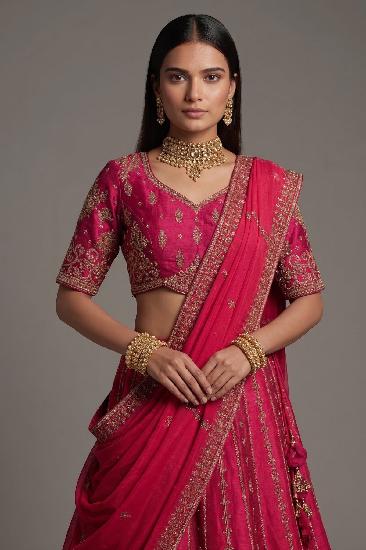 Magenta Silk Beaded and Zardosi Worked Lehenga