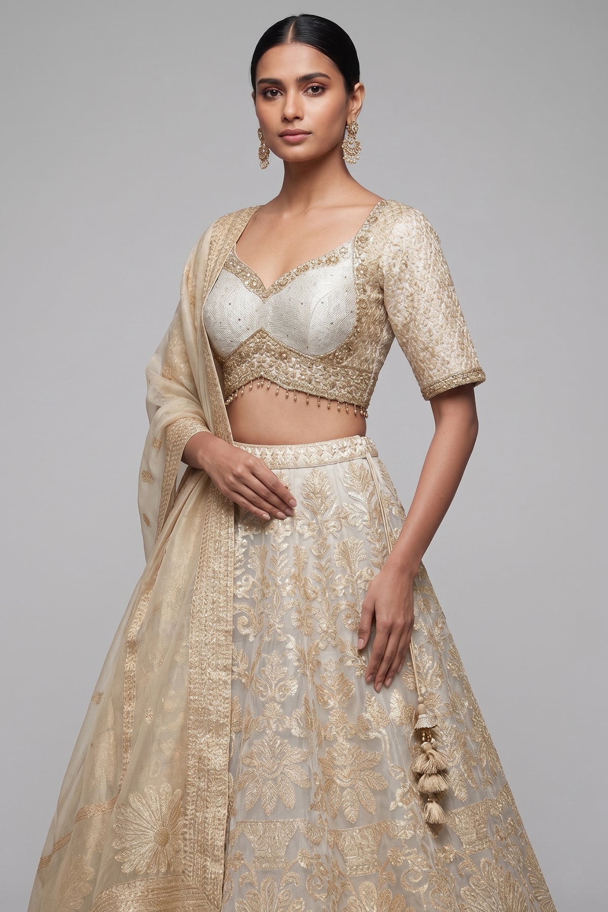Off White Organza Woven Lehenga