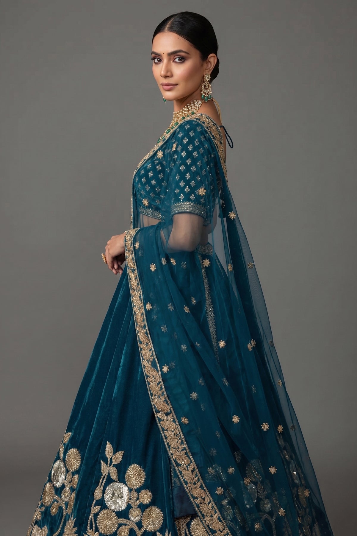 Rama Blue Organza Sequins and Zardosi Worked Lehenga
