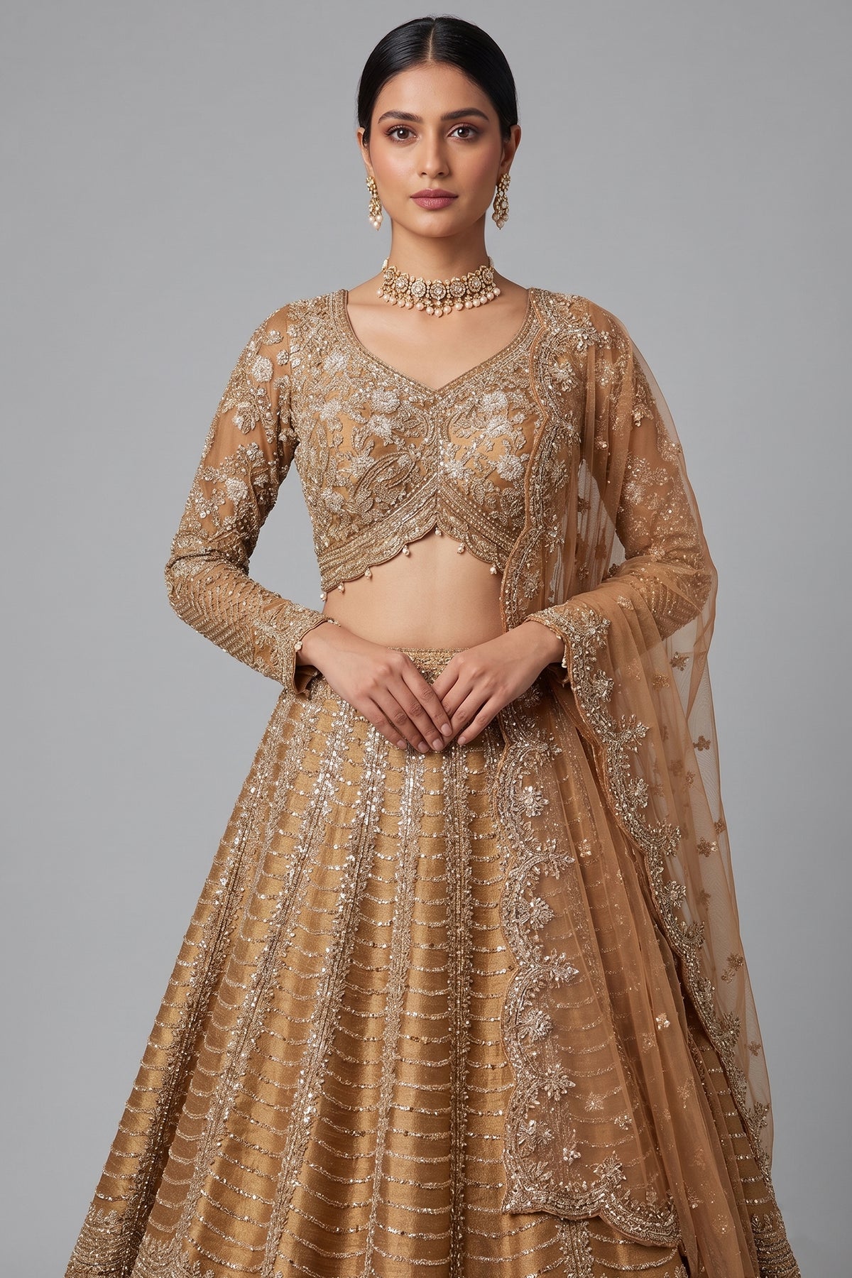 Brown Silk Mirror Worked Scallop Design Lehenga