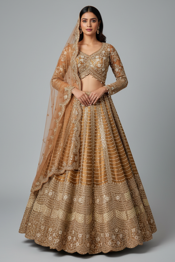 Brown Silk Mirror Worked Scallop Design Lehenga
