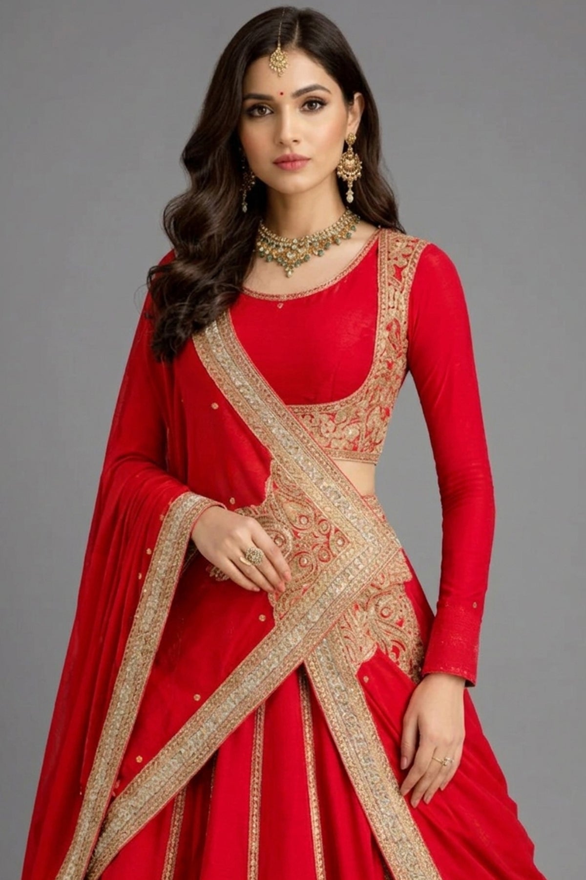 Red Matka Silk Sequins embroidered Lehenga