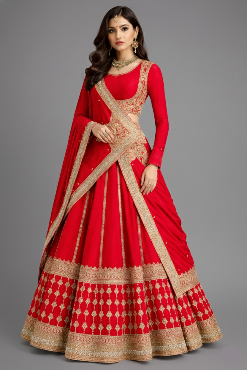 Red Matka Silk Sequins embroidered Lehenga