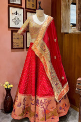 Red Banarasi Silk Woven Lehenga with Intricate Shikargah Weave Border