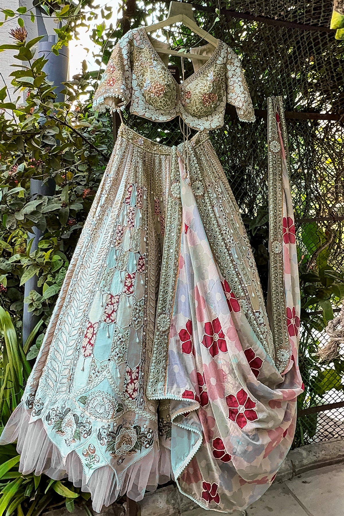 Multi Colored Silk Designer Beaded Worked Lehenga with Scalloped Hem Border