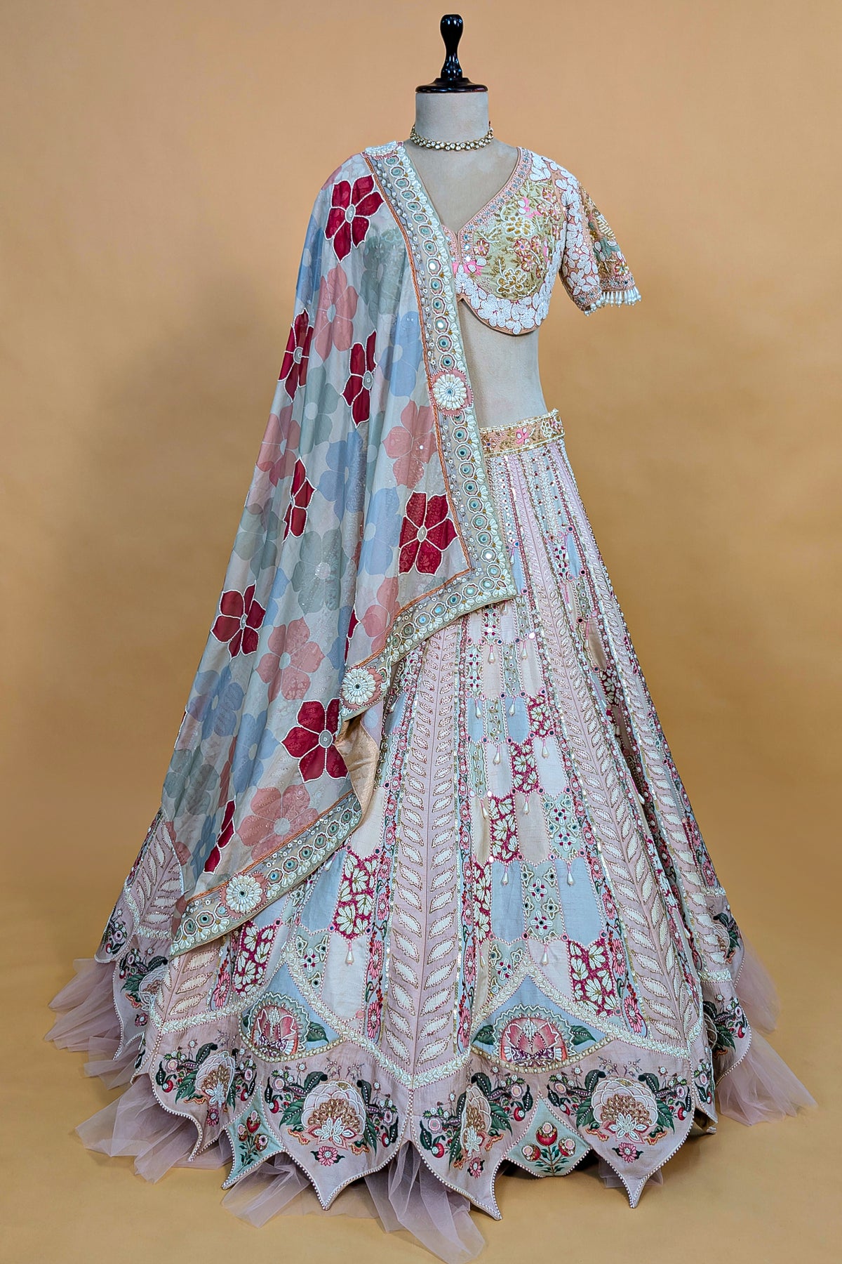 Multi Colored Silk Designer Beaded Worked Lehenga with Scalloped Hem Border