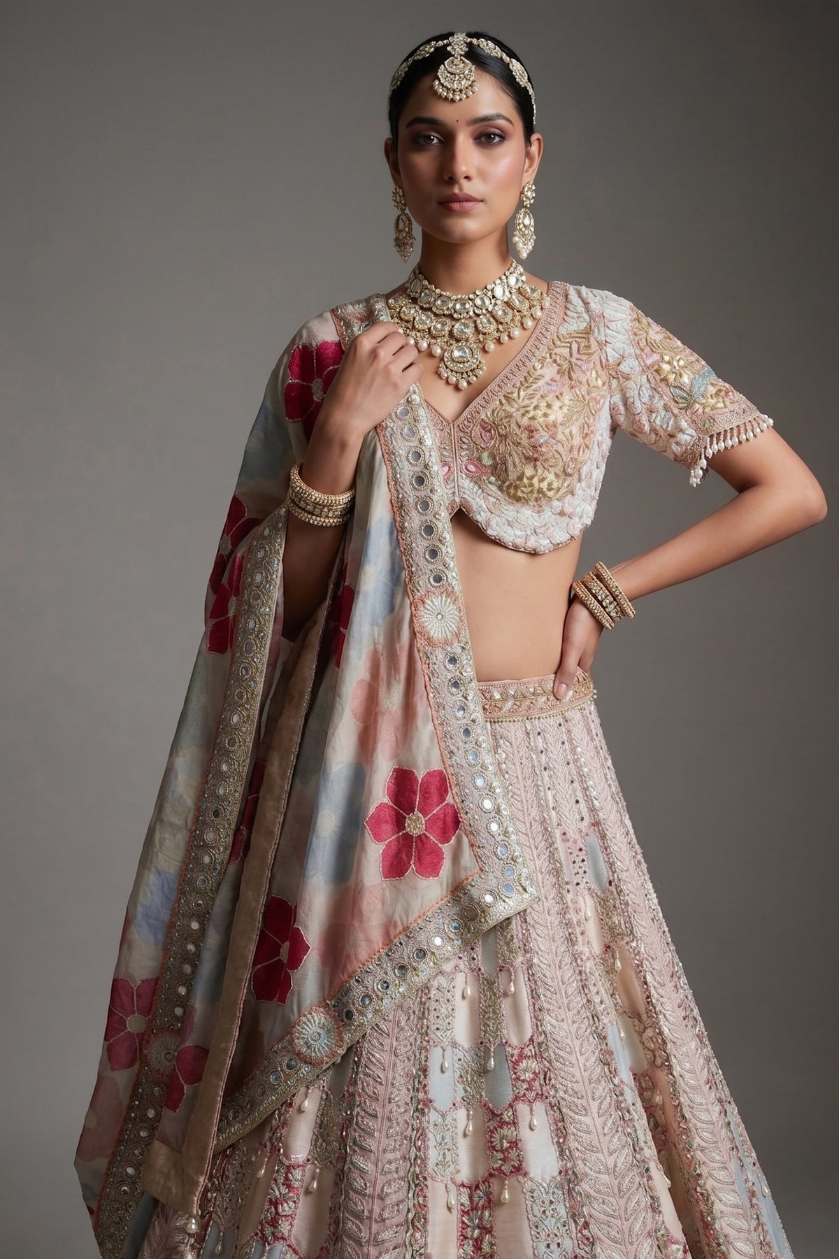 Multi Colored Silk Designer Beaded Worked Lehenga with Scalloped Hem Border