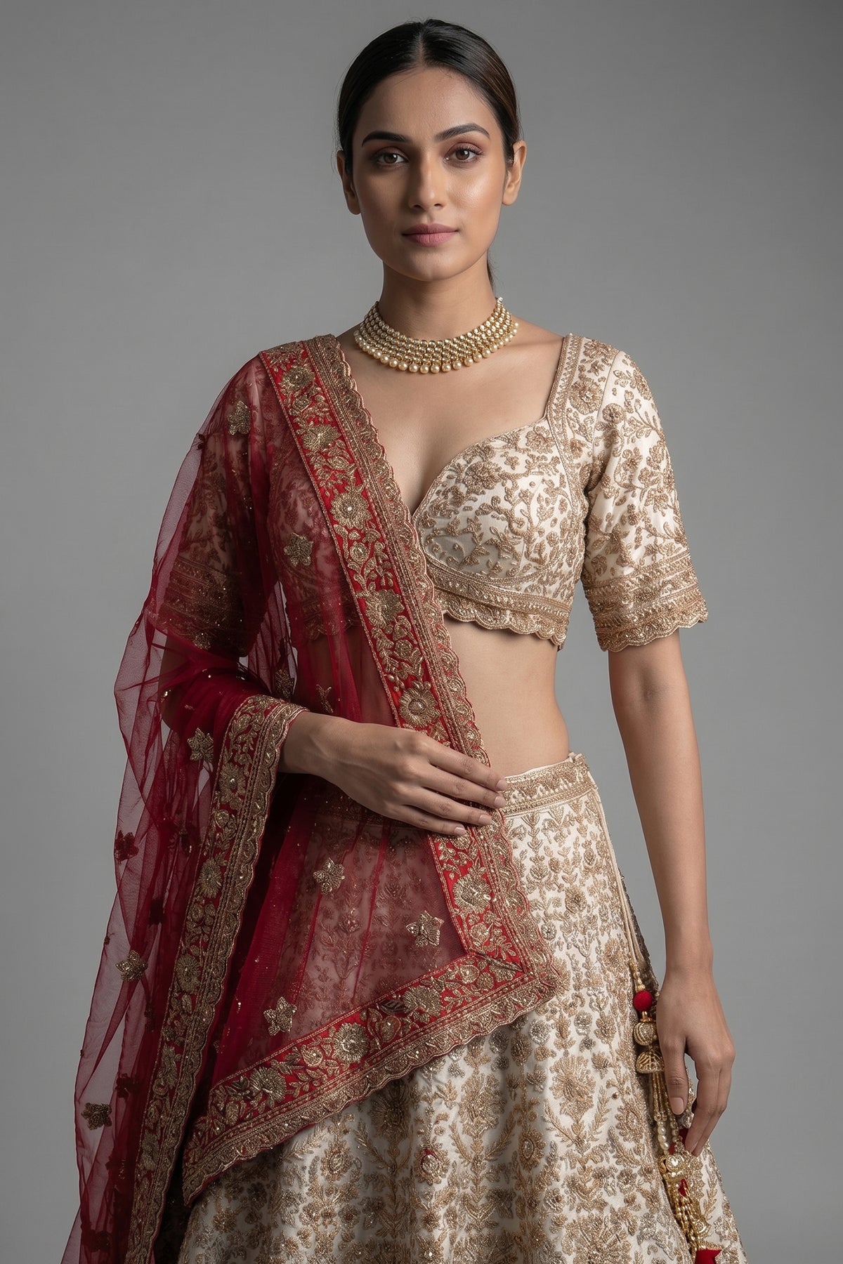 Cream Raw Silk Beaded and Zardosi Worked Lehenga