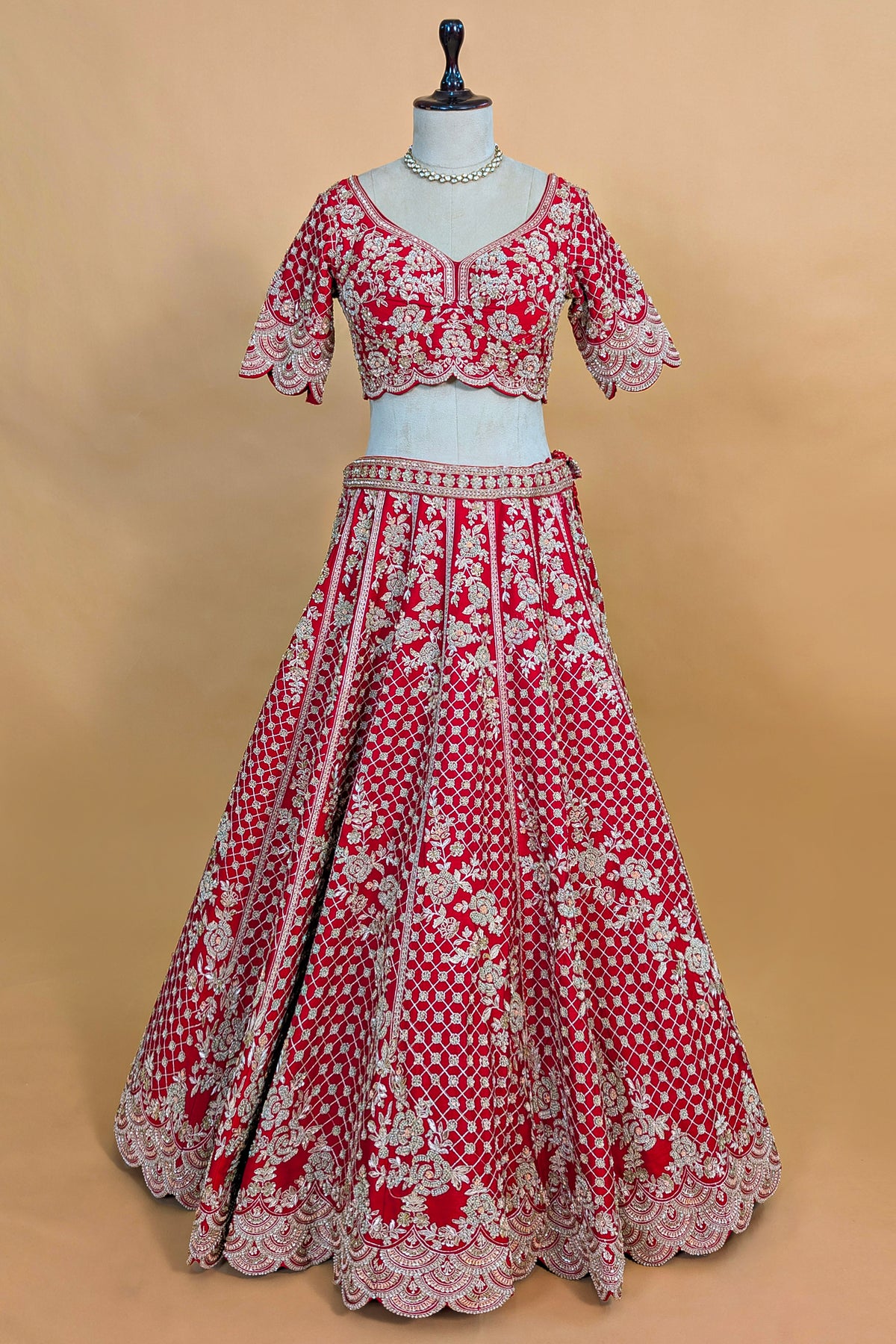 Red Raw Silk Floral Motif Sequin and Bead Worked Bridal Lehenga