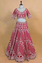 Red Raw Silk Floral Motif Sequin and Bead Worked Bridal Lehenga