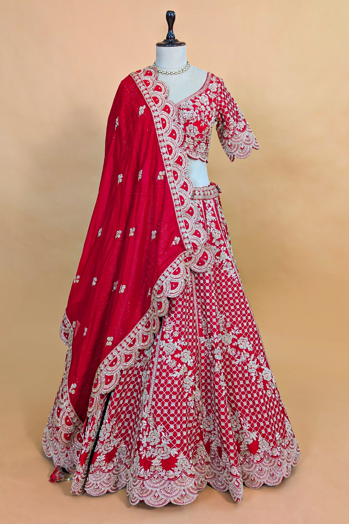 Red Raw Silk Floral Motif Sequin and Bead Worked Bridal Lehenga