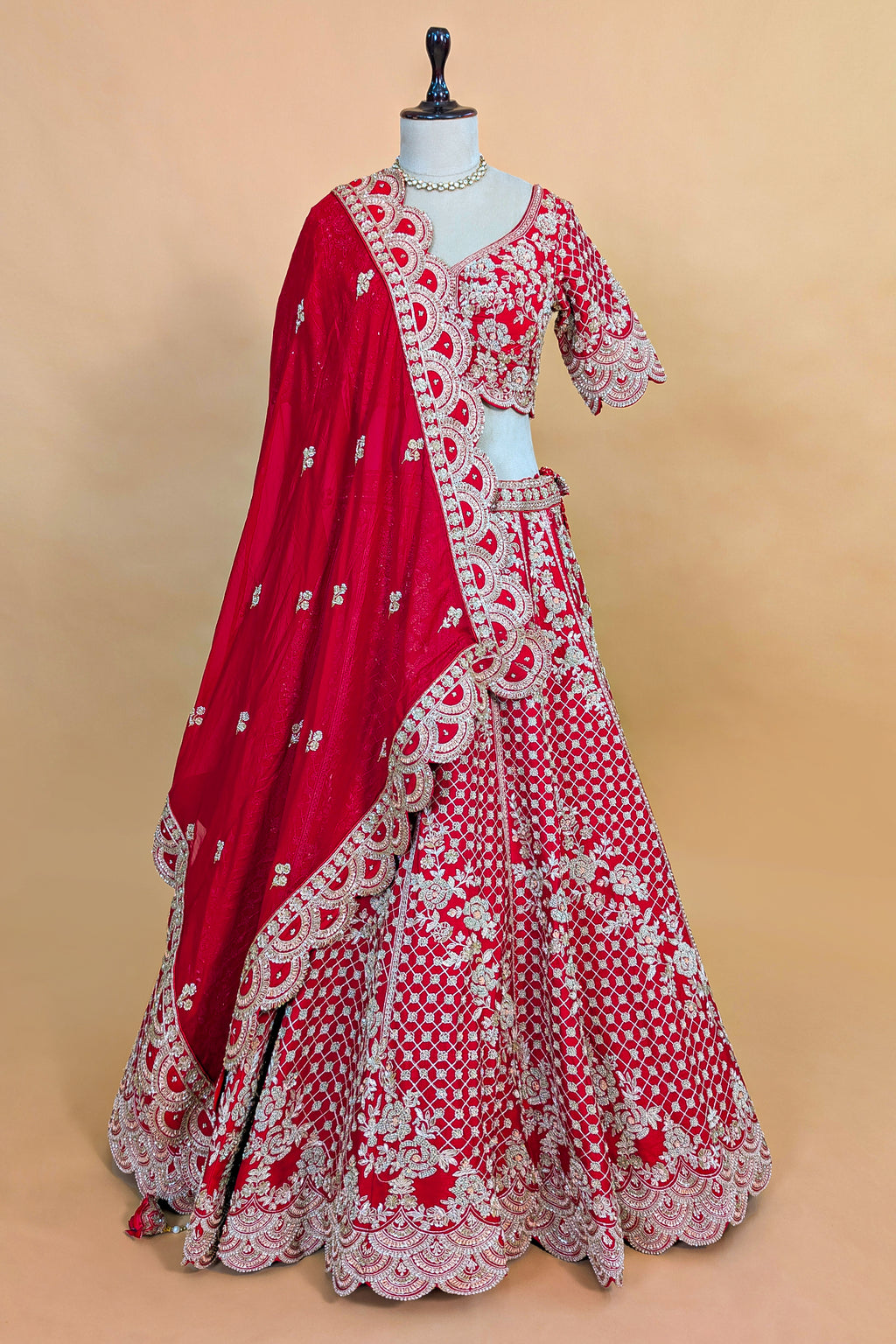 Red Raw Silk Floral Motif Sequin and Bead Worked Bridal Lehenga