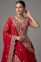 Red Raw Silk Floral Motif Sequin and Bead Worked Bridal Lehenga