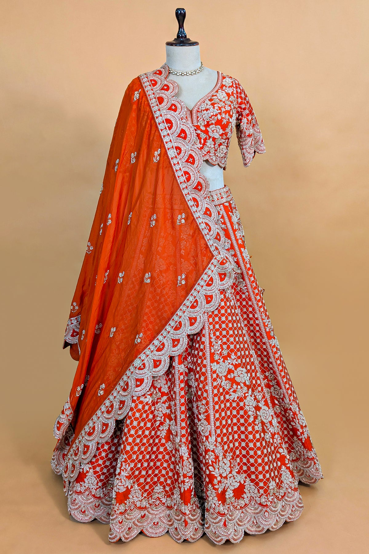 Orange Raw Silk Floral Motif Sequin and Bead Worked Bridal Lehenga