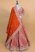 Orange Raw Silk Floral Motif Sequin and Bead Worked Bridal Lehenga