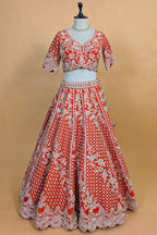 Orange Raw Silk Floral Motif Sequin and Bead Worked Bridal Lehenga