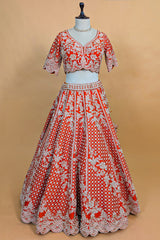 Orange Raw Silk Floral Motif Sequin and Bead Worked Bridal Lehenga