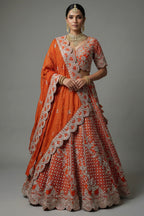 Orange Raw Silk Floral Motif Sequin and Bead Worked Bridal Lehenga