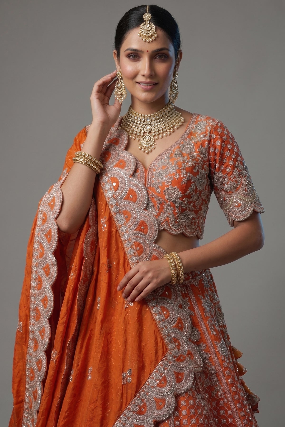 Orange Raw Silk Floral Motif Sequin and Bead Worked Bridal Lehenga