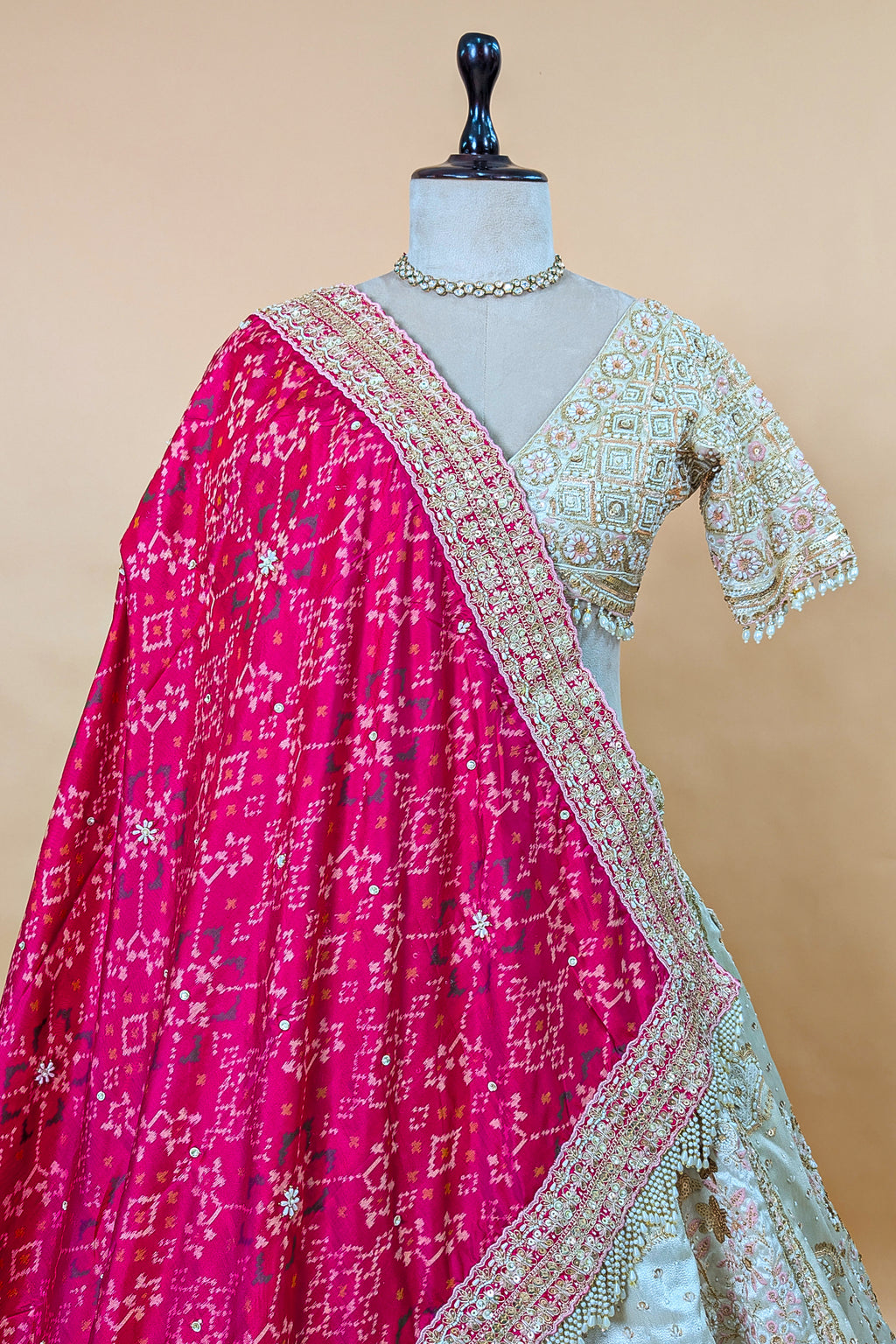 Ivory White Tissue Silk Handworked Bridal Lehenga with Double Dupatta