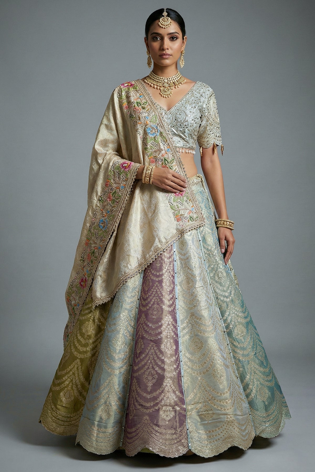 Multi Colored Tissue Silk Woven Lehenga