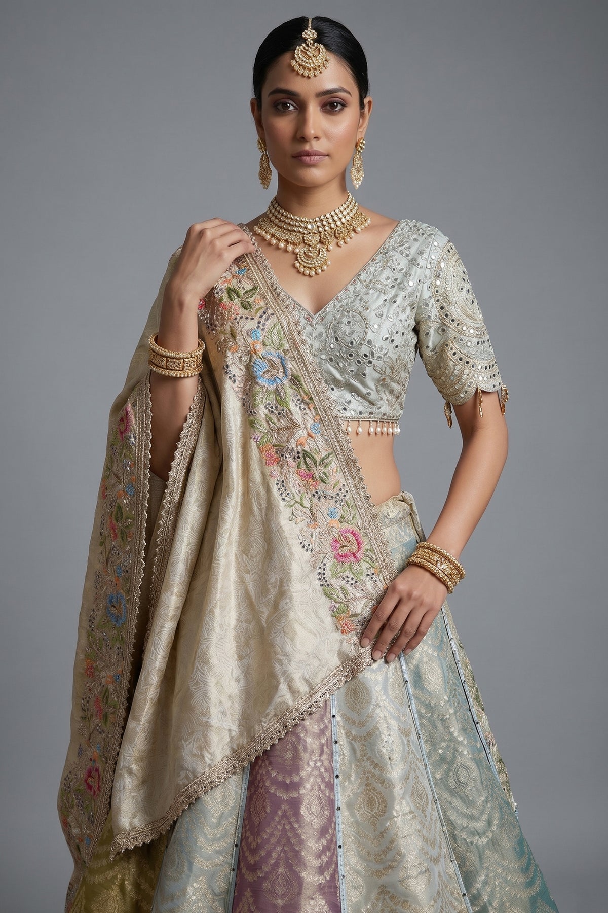 Multi Colored Tissue Silk Woven Lehenga