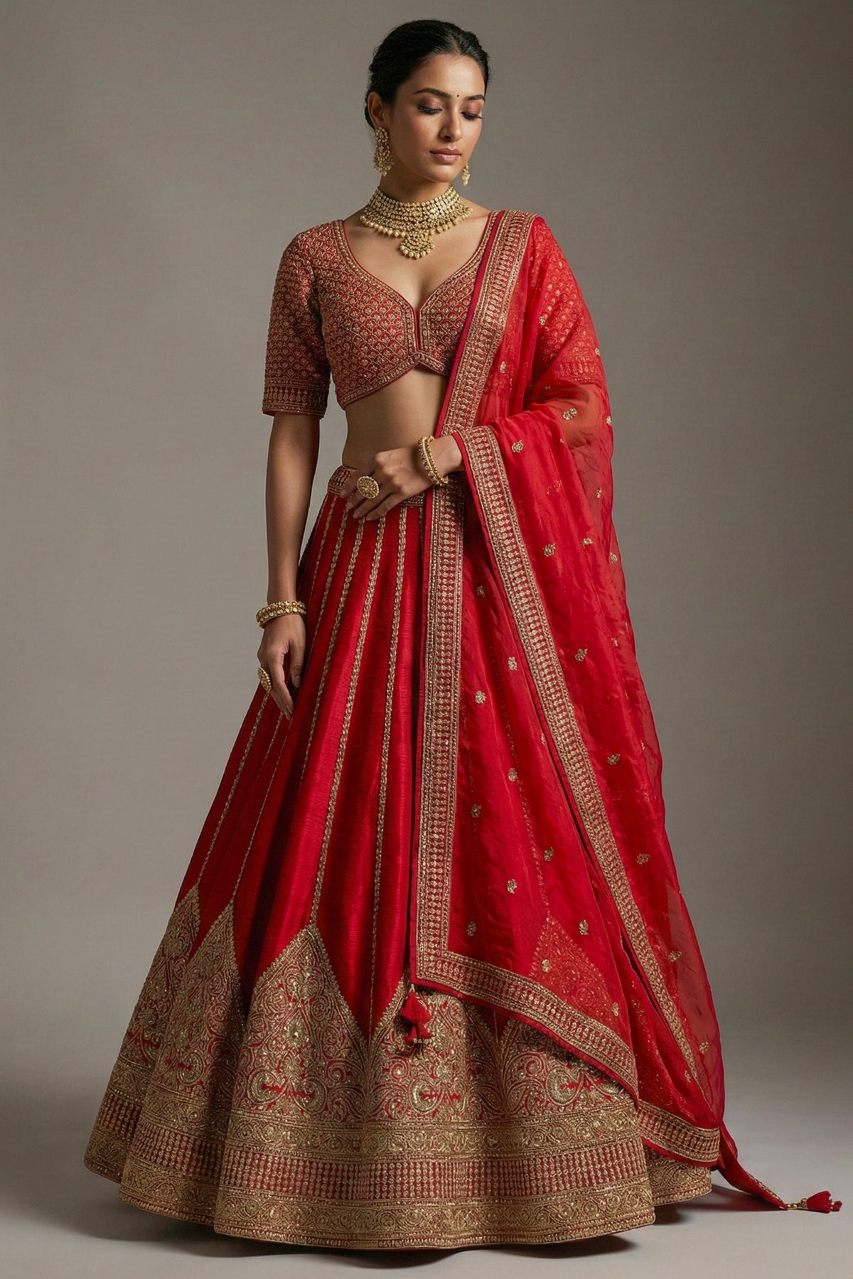 Red Silk Sequin Embroidered Bridal Lehenga