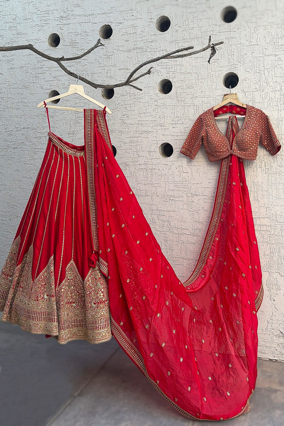 Red Silk Sequin Embroidered Bridal Lehenga