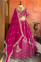 Rani Pink Raw Silk Sequin Beaded Lehenga with Double Dupatta