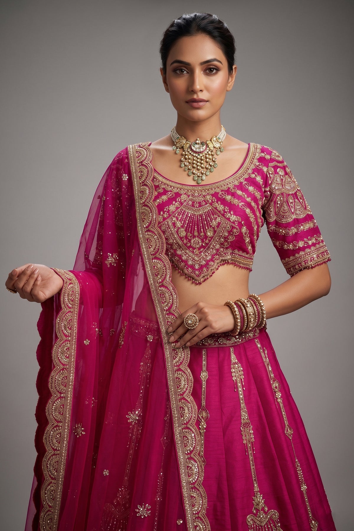 Rani Pink Raw Silk Sequin Beaded Lehenga with Double Dupatta