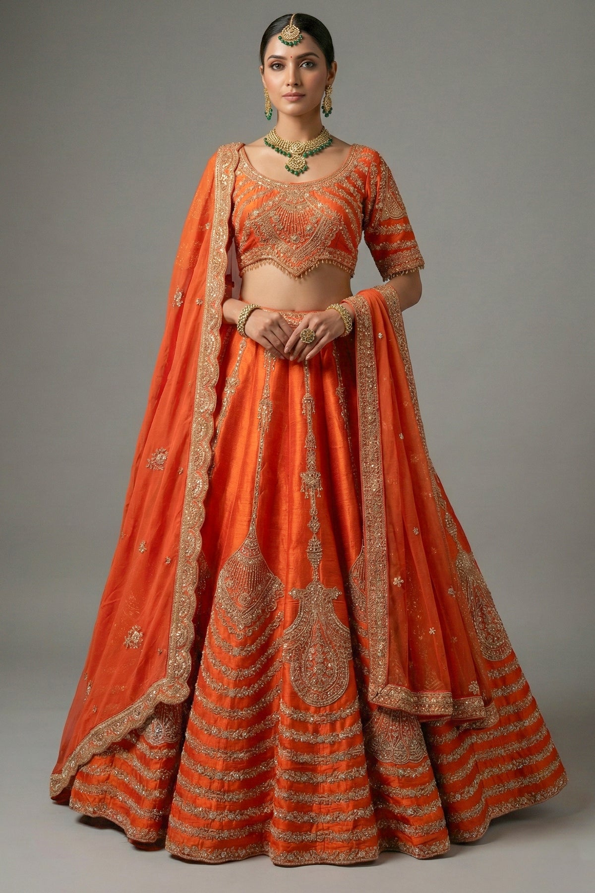 Orange Raw Silk Sequin Beaded Lehenga with Double Dupatta